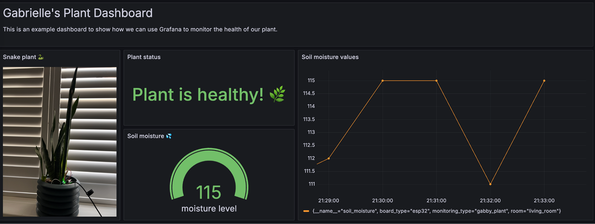 Grafana dashboard when the plant is healthy