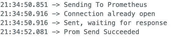 A screenshot of serial monitor logs with Prometheus successfully connected.